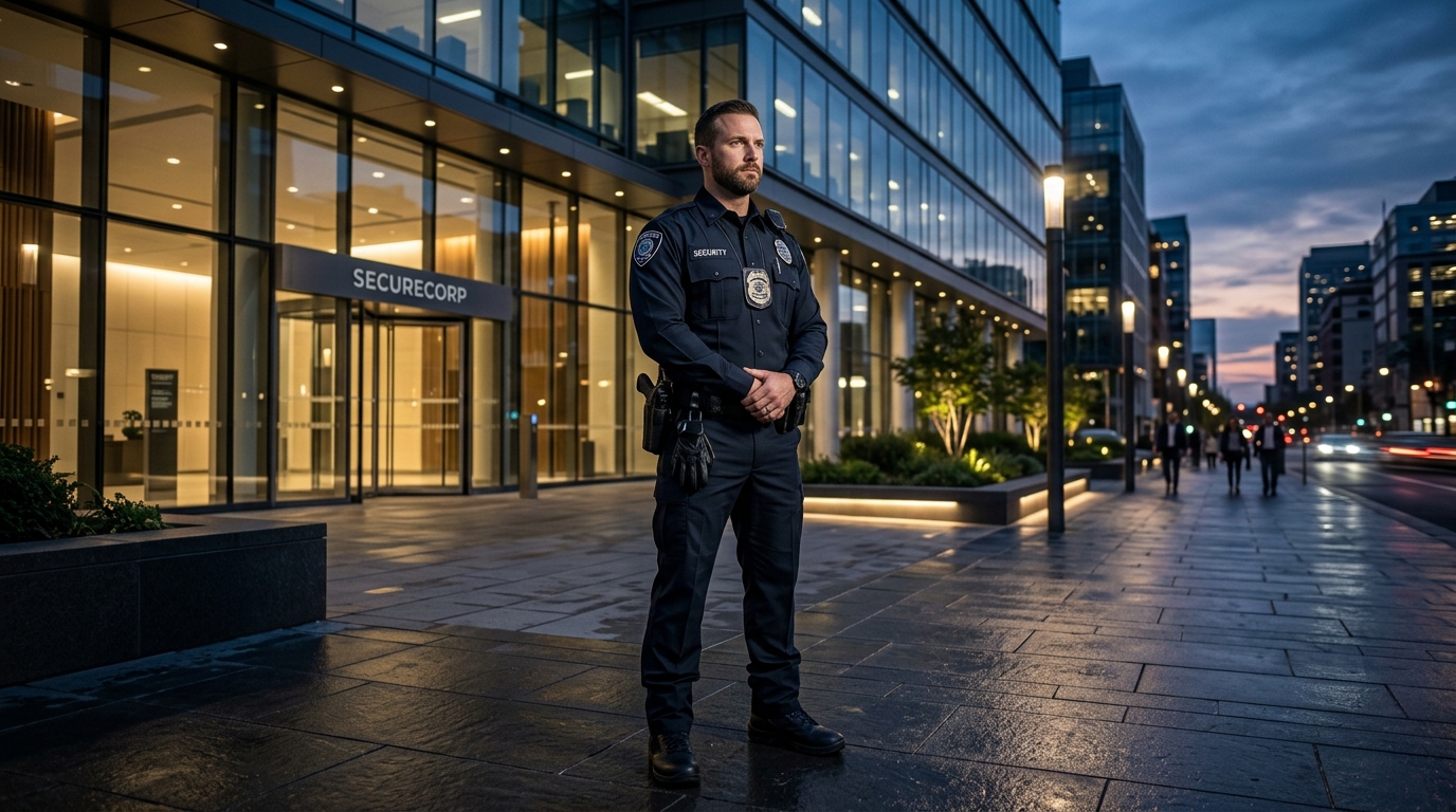MLG Protection Officer standing alert outside commercial facility